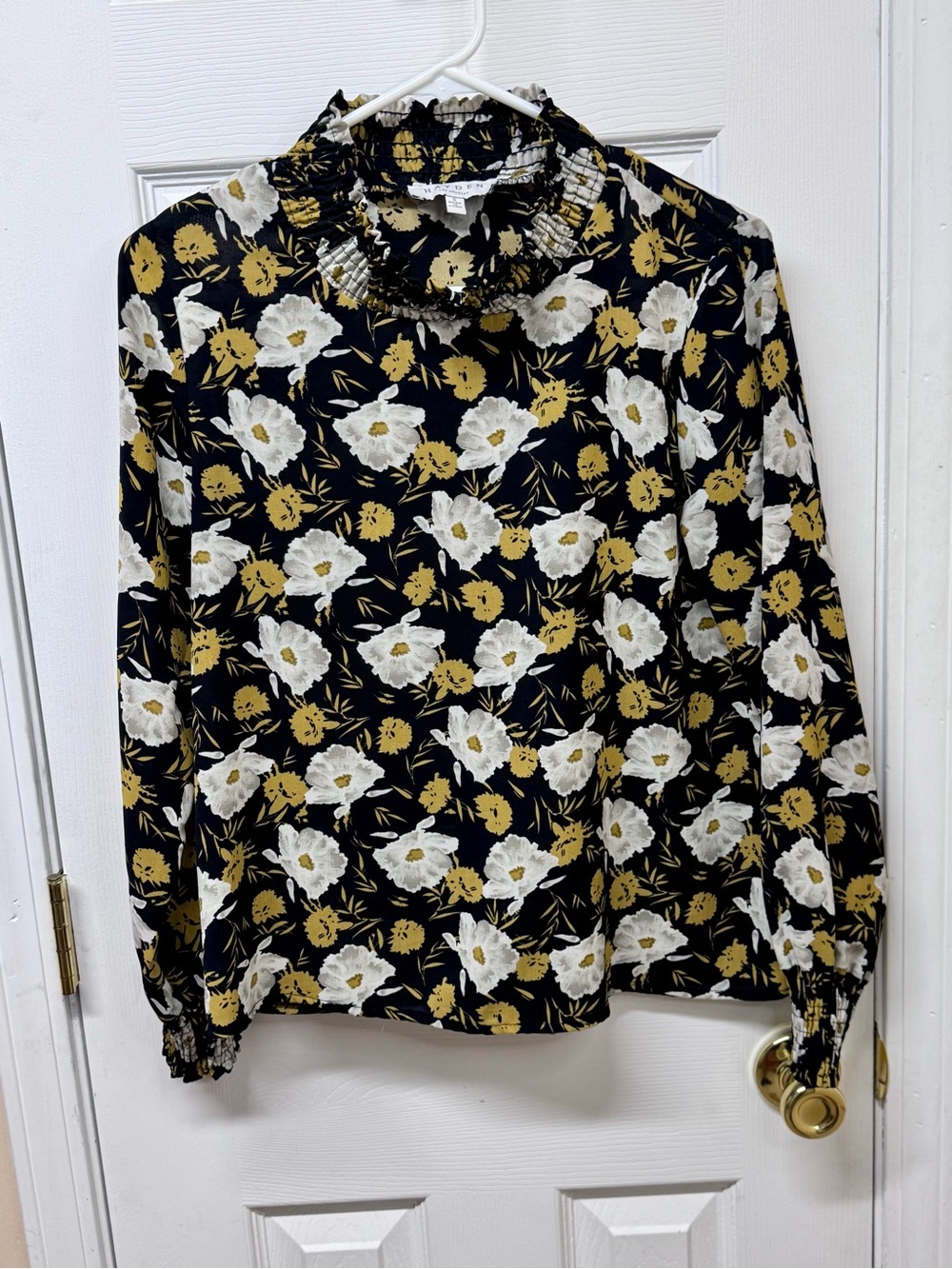 Hayden Los Angeles Floral Smocked High Neck Blouse Black Mustard Small - Picture 2 of 10